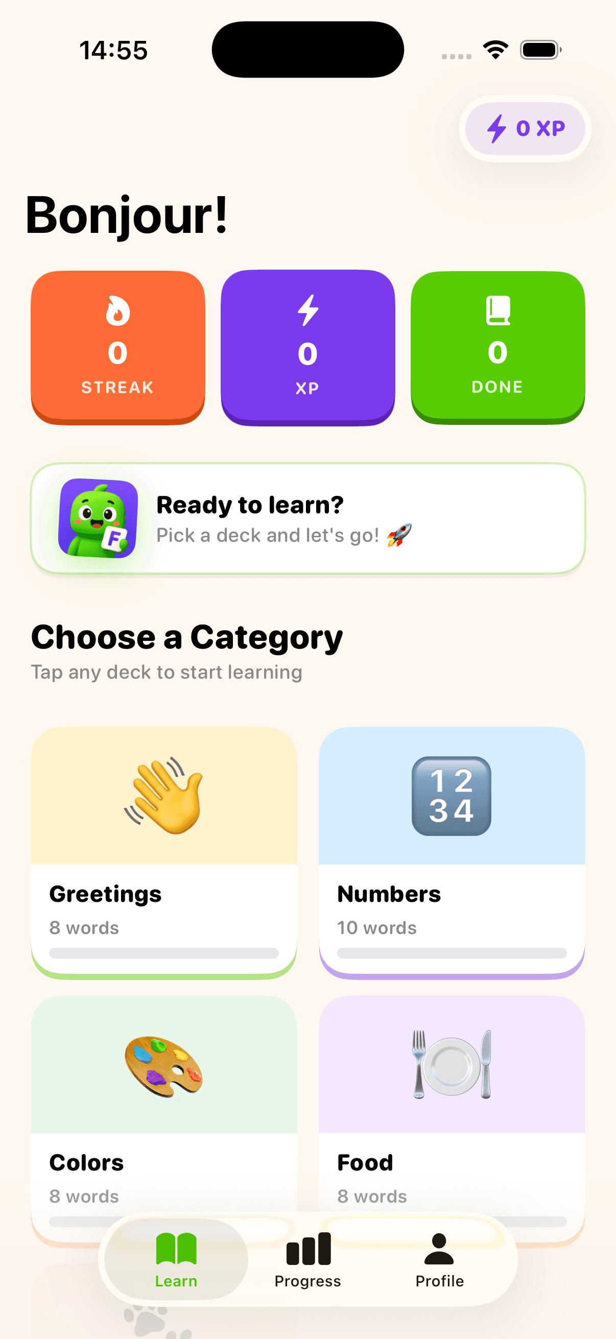 Flashcard app — home screen