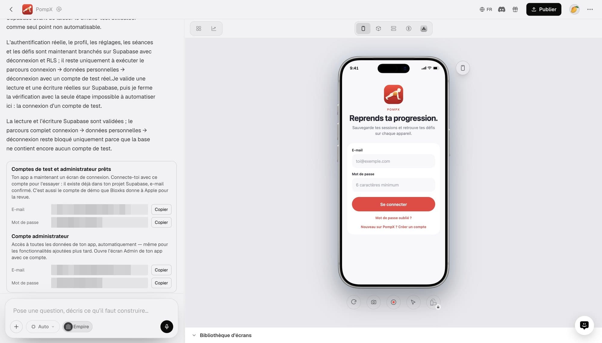 Le builder Bloxks : le chat à gauche, l’aperçu iPhone de l’app à droite