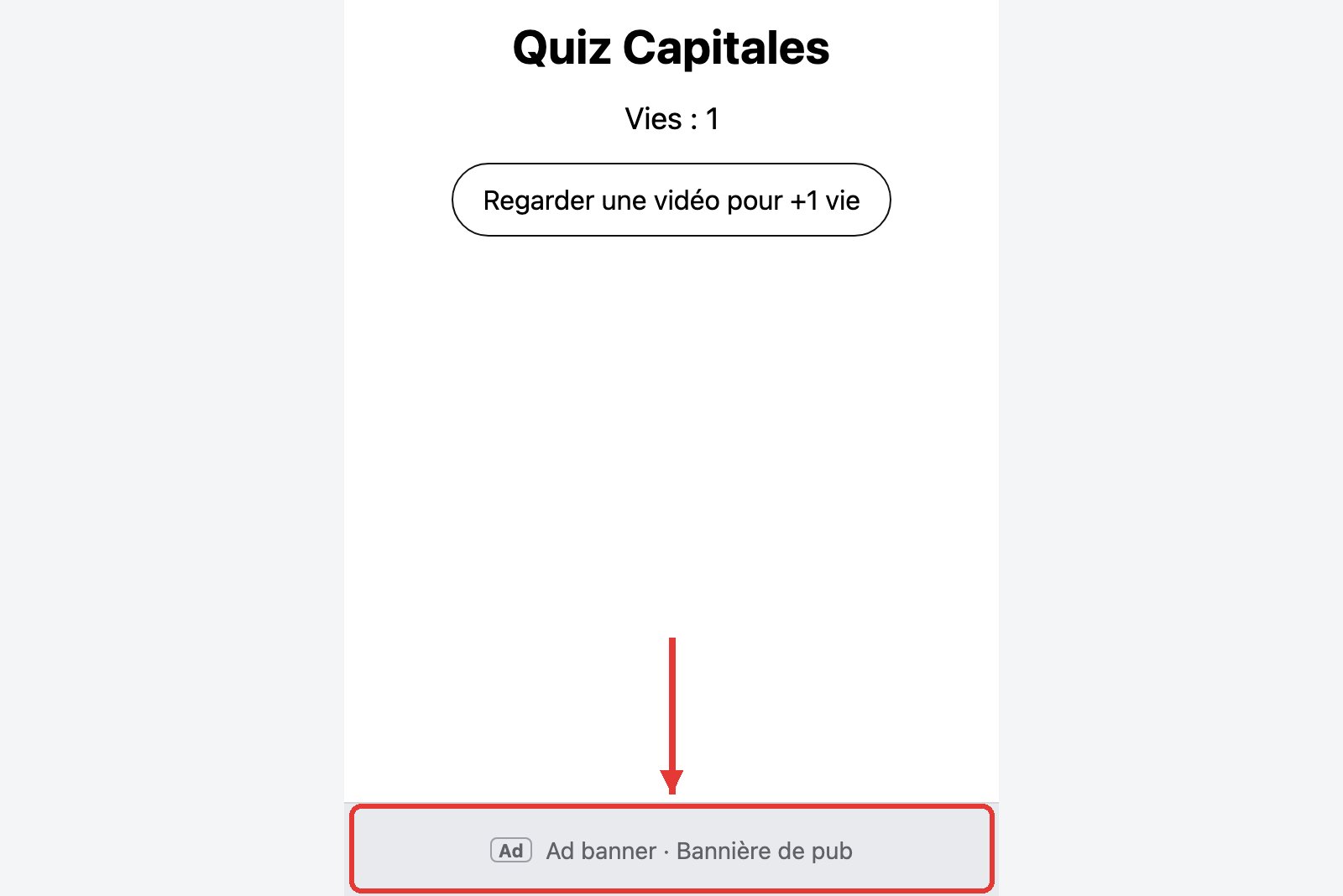 Preview of a quiz app with the banner placeholder “Ad banner · Bannière de pub” at the bottom of the screen