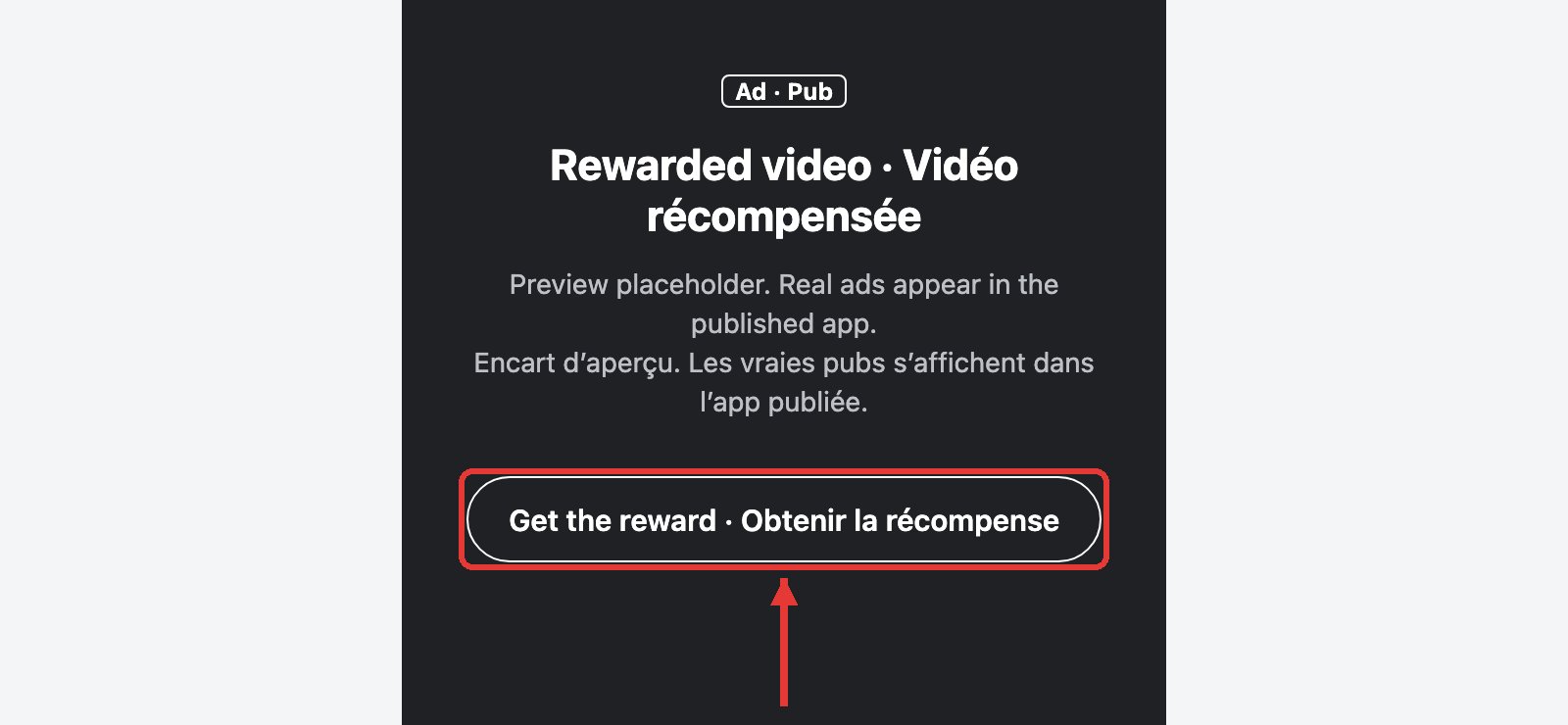 Rewarded video placeholder in the preview, with its “Get the reward” button