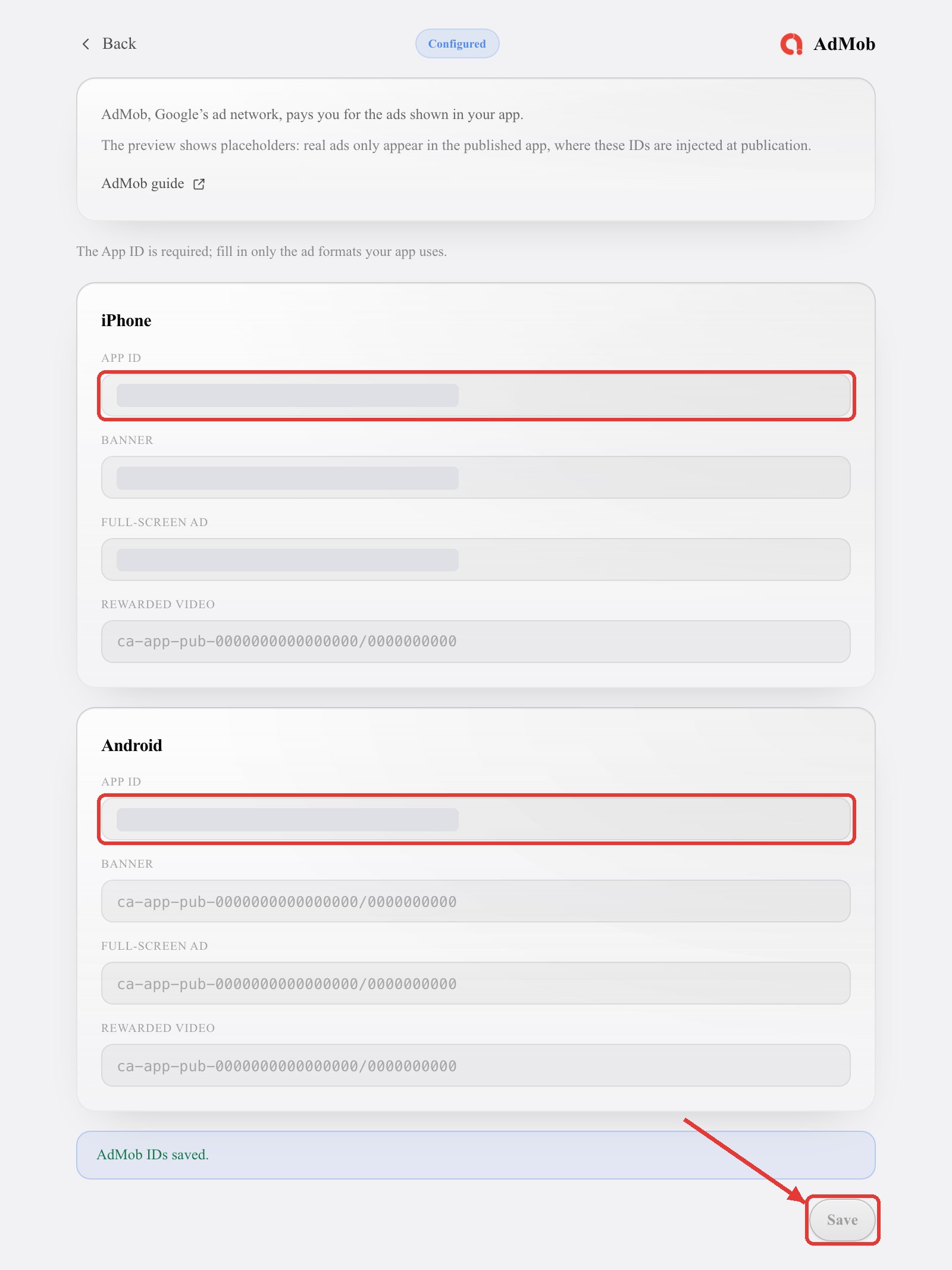 The AdMob card: the App ID fields for iPhone and Android, the ad format fields and the Save button