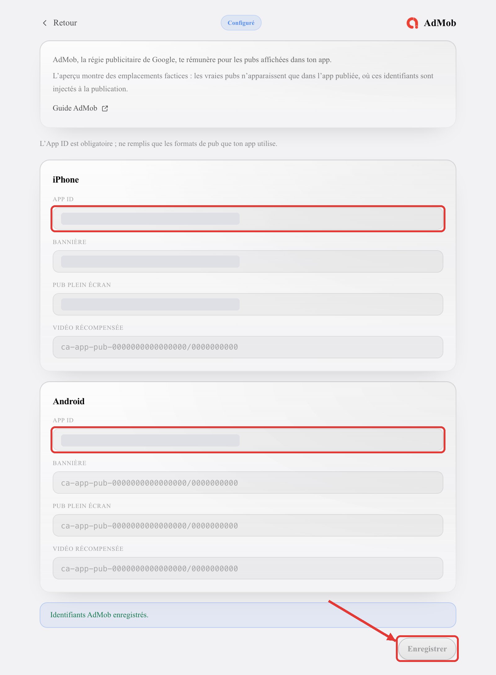 La carte AdMob : les champs App ID pour iPhone et Android, les champs des formats de pub et le bouton Enregistrer