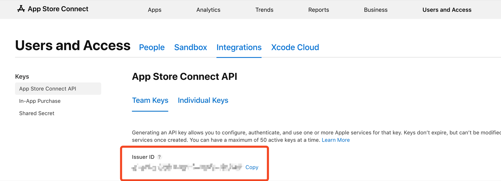 App Store Connect, Users and Access, Integrations tab, with the Issuer ID above the list of keys