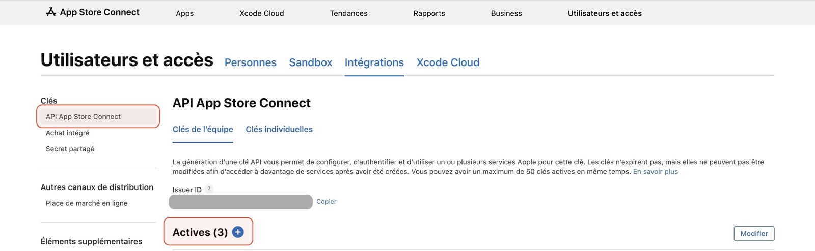App Store Connect, Users and Access, Integrations tab: App Store Connect API selected, and the + button next to Active