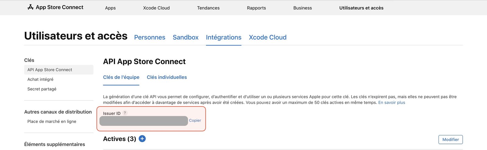 The Issuer ID above the key list, with its Copy button