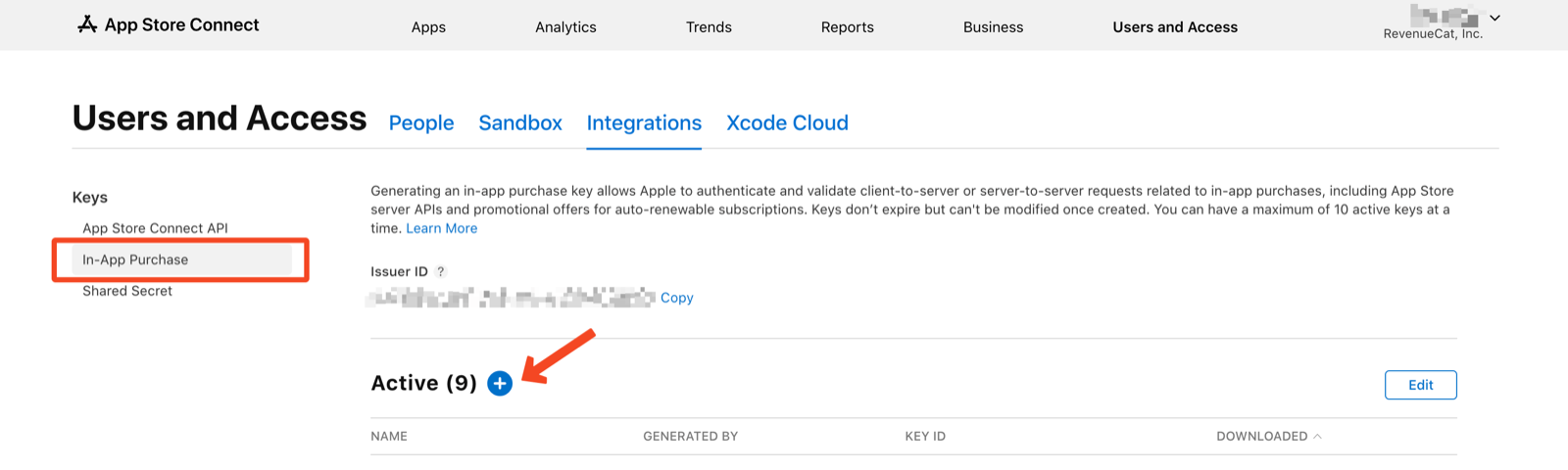 App Store Connect, Users and Access, Integrations tab: In-App Purchase selected on the left and the + button next to Active