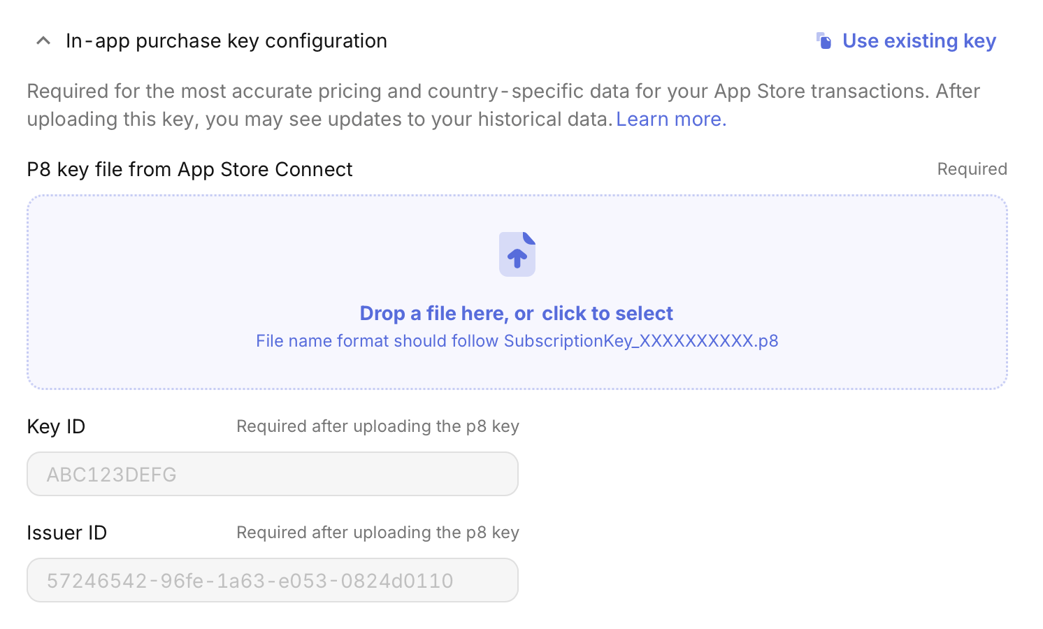 RevenueCat, In-app purchase key configuration: upload area for the P8 file, then the Key ID and Issuer ID fields