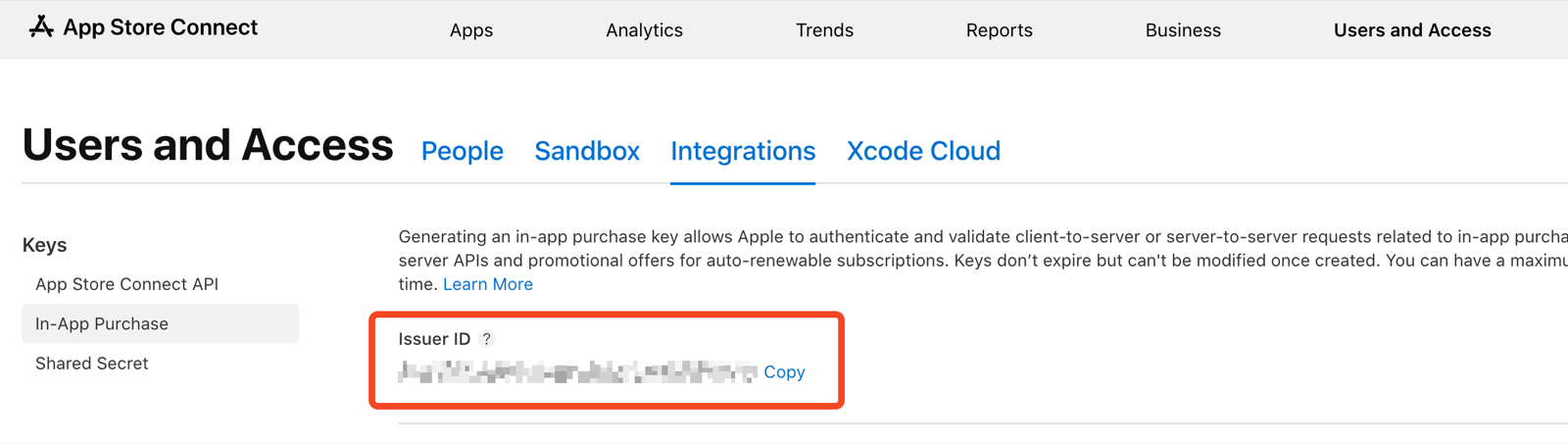 The Issuer ID at the top of the In-App Purchase page, with its Copy button