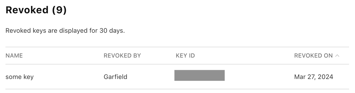 A key listed under Revoked in App Store Connect