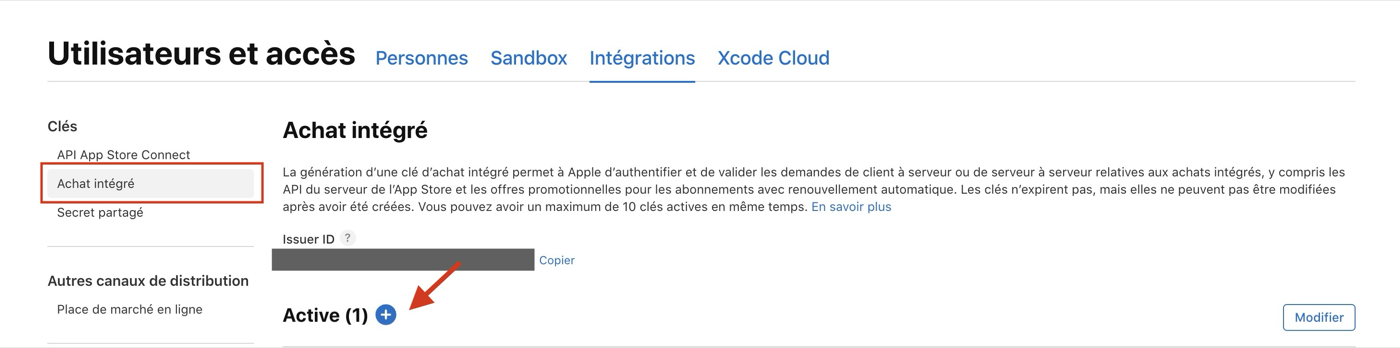 App Store Connect, Utilisateurs et accès, onglet Intégrations : Achat intégré sélectionné à gauche et le bouton + à côté de Actives