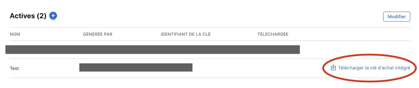 La nouvelle clé dans la liste Actives, avec le lien Télécharger la clé d’achat intégré