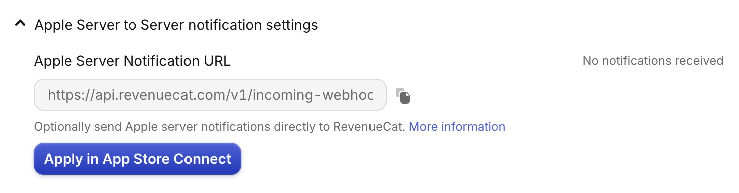 RevenueCat, Apple Server to Server notification settings : le champ Apple Server Notification URL et le bouton Apply in App Store Connect