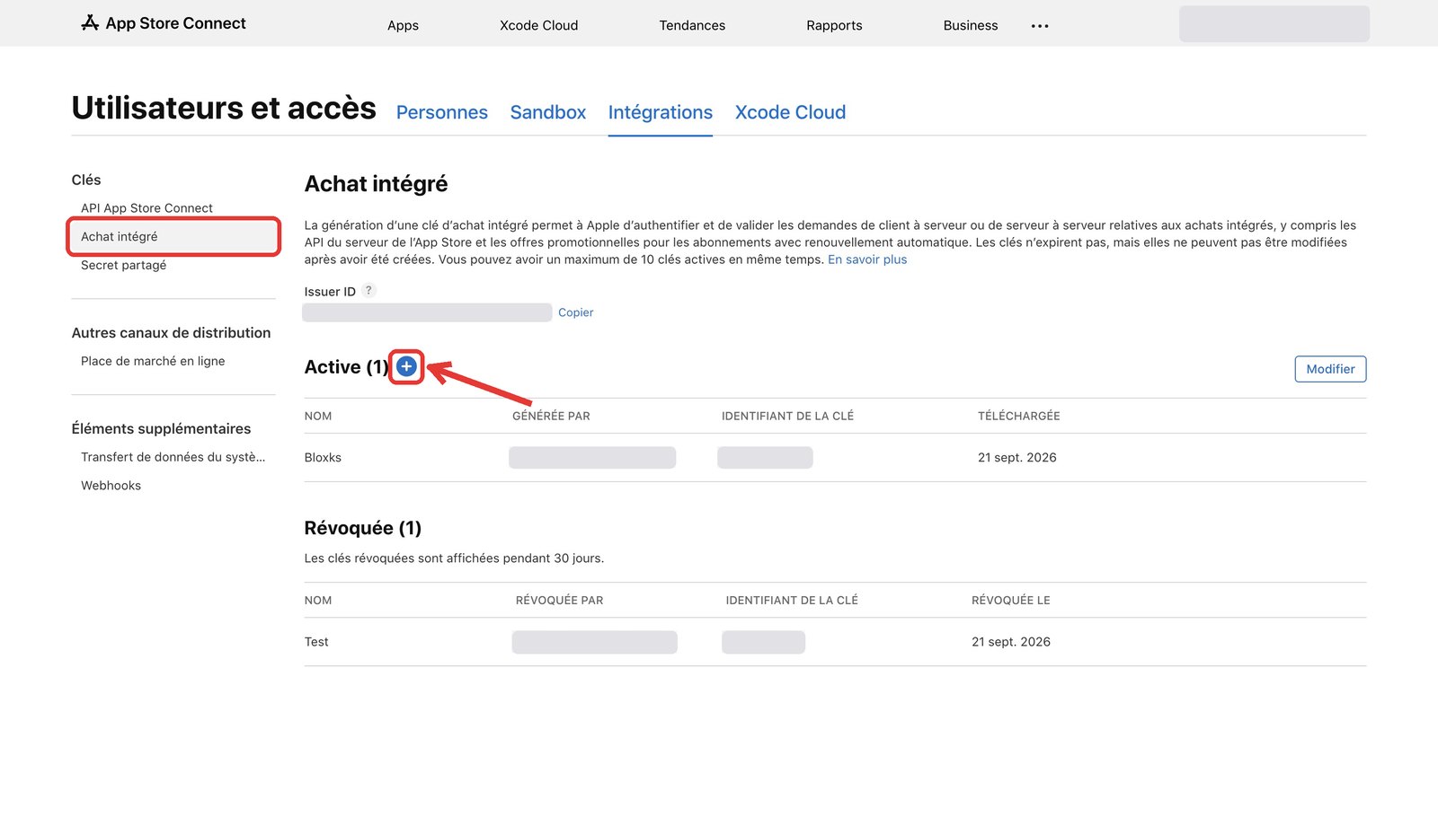 App Store Connect, onglet Intégrations : Achat intégré sélectionné à gauche et le bouton + à côté de Active