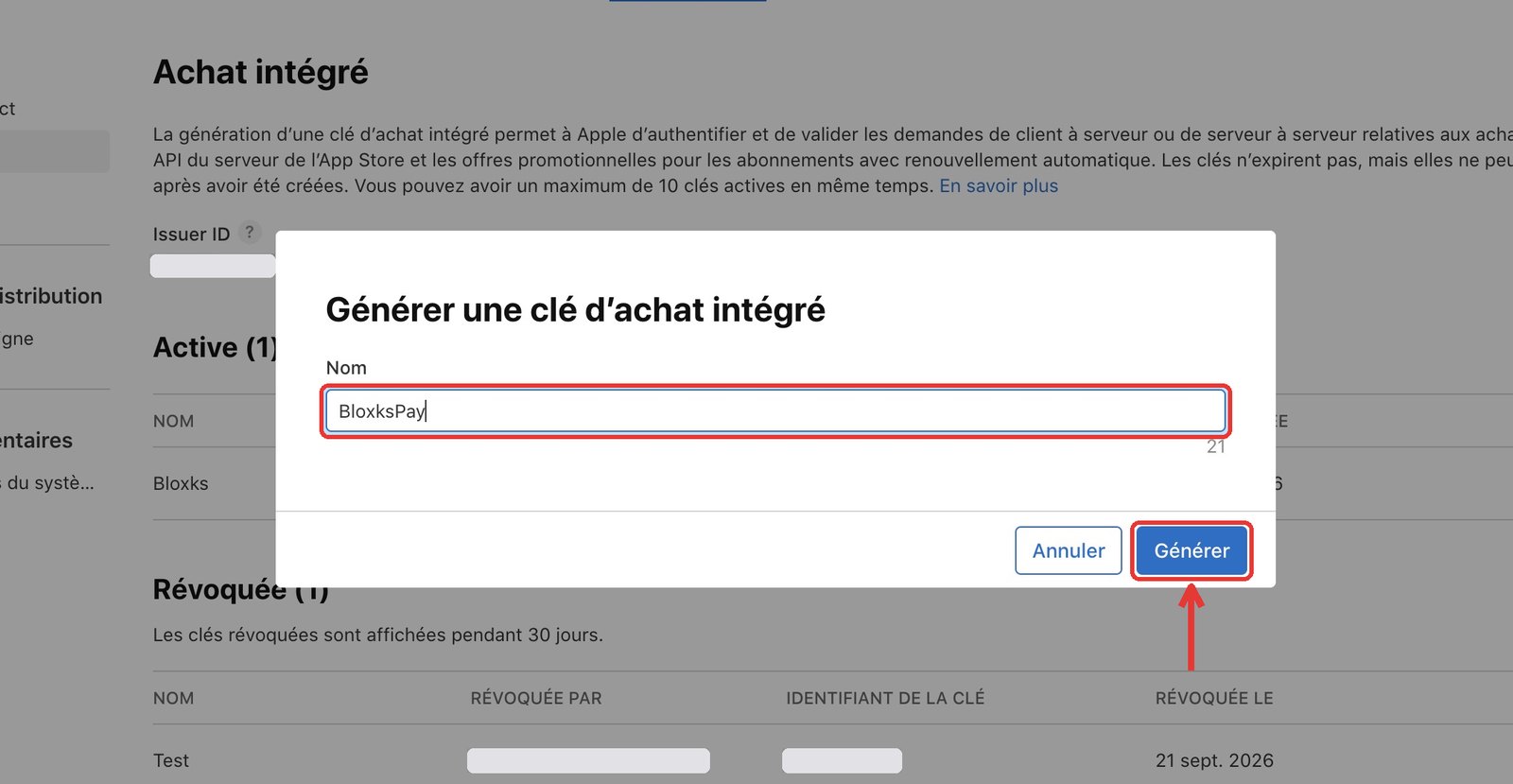 Fenêtre Générer une clé d’achat intégré : le champ Nom et le bouton Générer