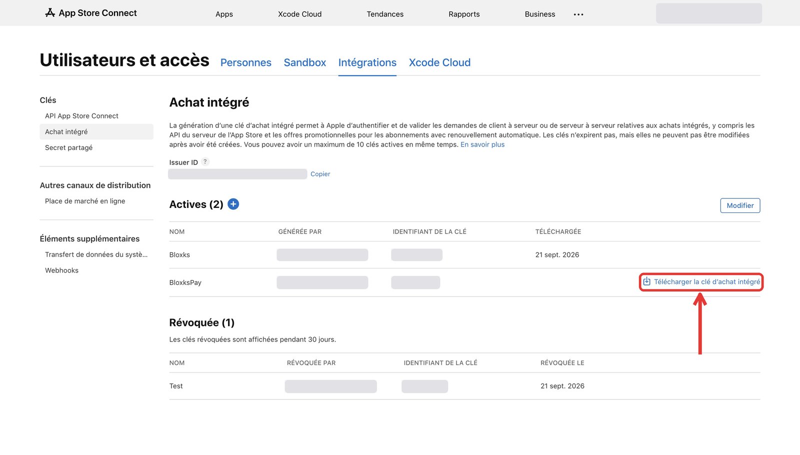 La nouvelle clé dans la liste Actives, avec le lien Télécharger la clé d’achat intégré