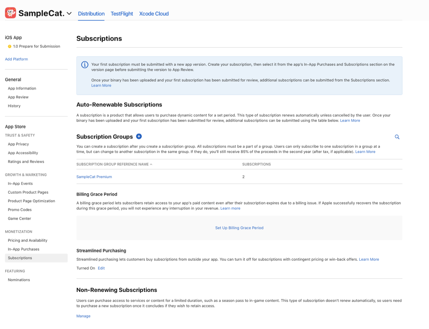 App Store Connect, Subscriptions page: Apple’s notice that the first subscription must be submitted with a new app version, then the list of subscription groups
