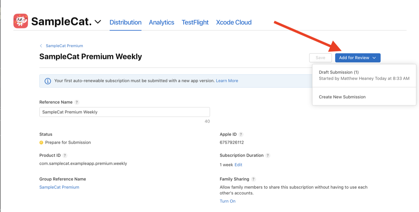 A subscription in Prepare for Submission, Add for Review menu open with Draft Submission and Create New Submission