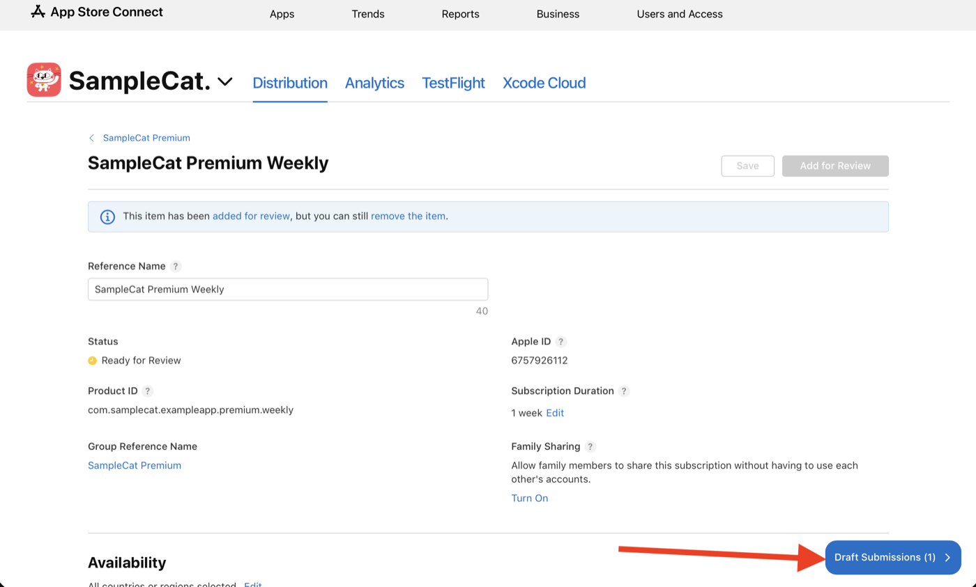 Subscription added for review, with the Draft Submissions button at the bottom right
