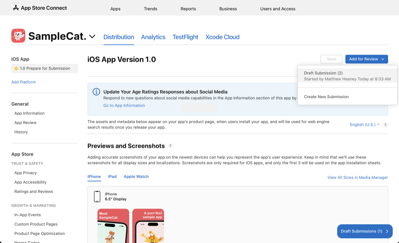 iOS app version page, Add for Review menu open on the draft submission