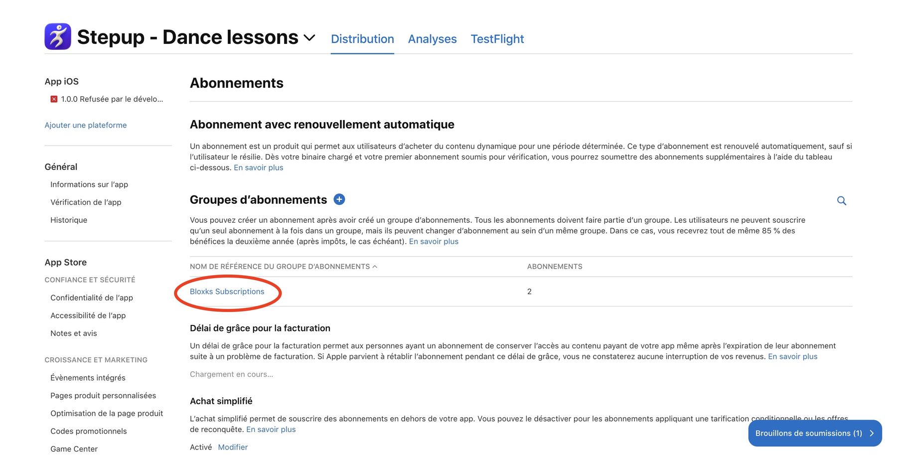 App Store Connect, page Abonnements : le groupe d’abonnements dans la liste