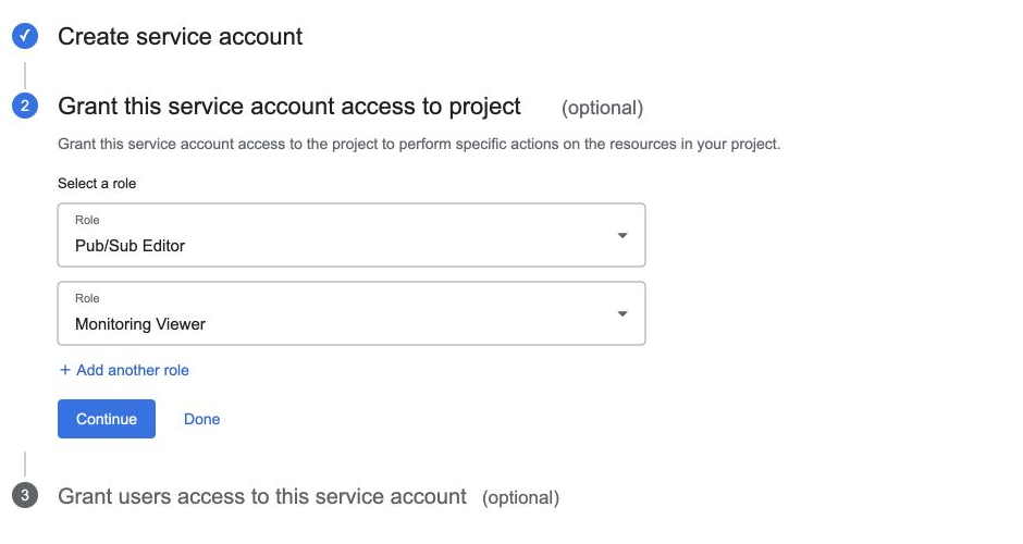 The service account creation step, with the Pub/Sub Editor and Monitoring Viewer roles