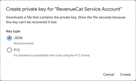 The Create private key dialog, with the JSON format selected