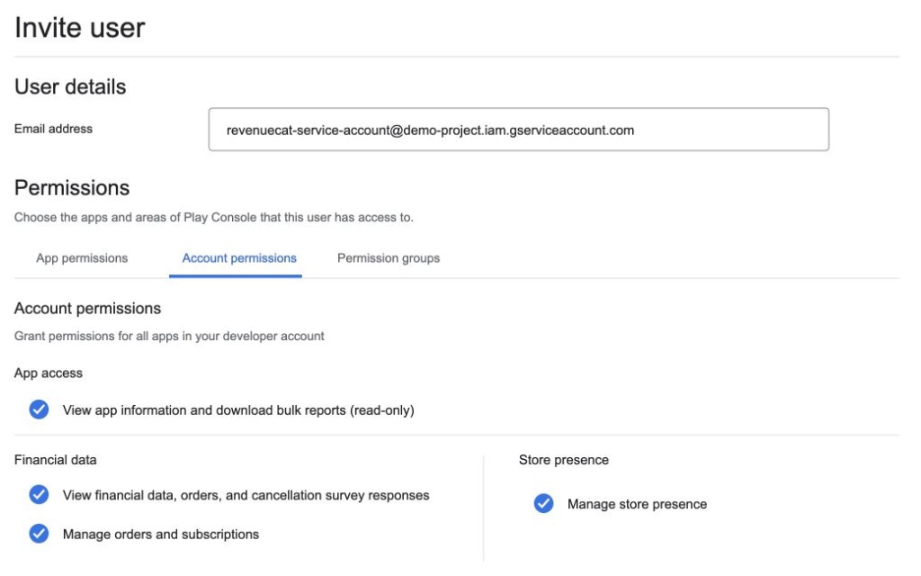 Play Console, Invite user, with the four account permissions ticked