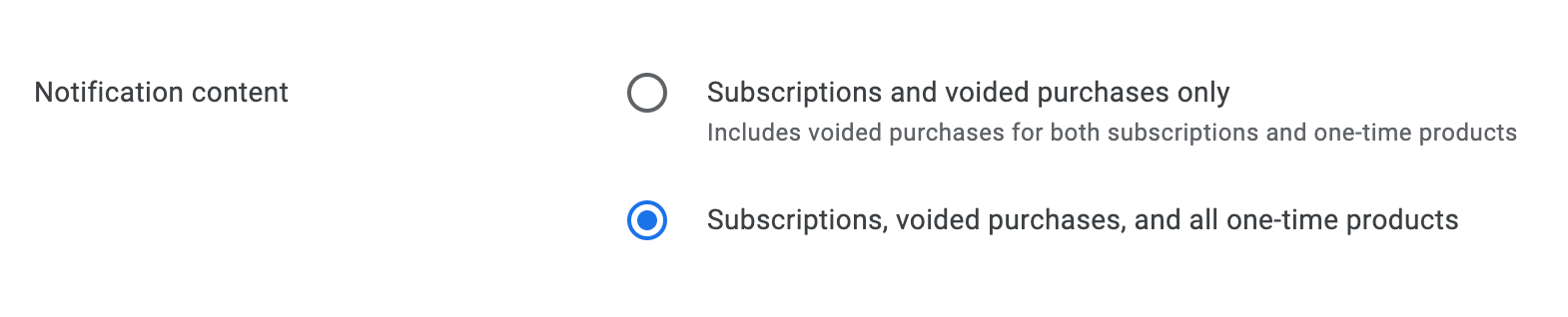 Play Console, the notification content choice, with subscriptions, voided purchases and one-time products selected