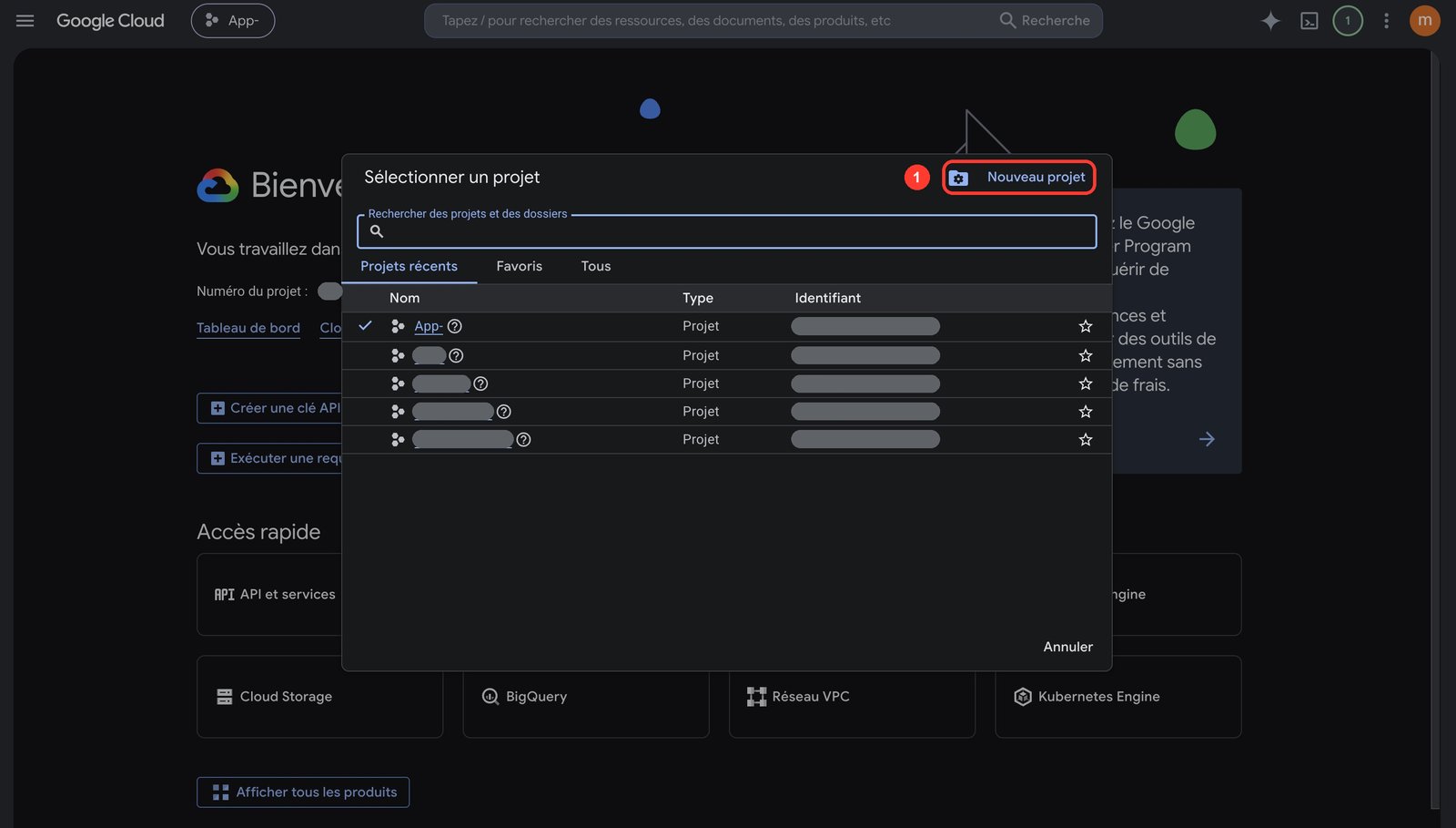 Google Cloud, the project selector with the New project button