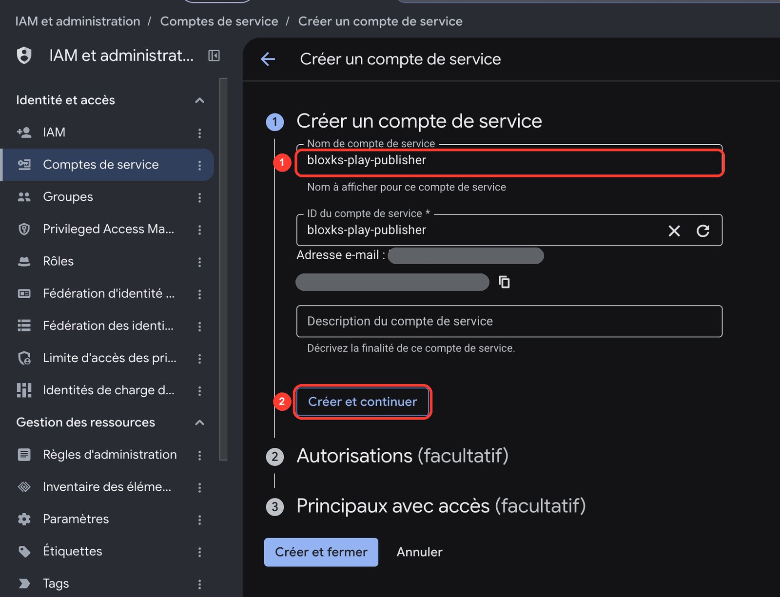 Create service account form: name bloxks-play-publisher, then Create and continue