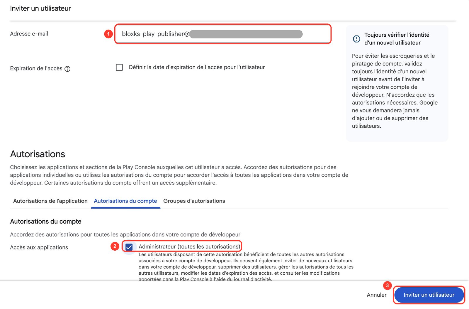 Play Console, Invite user: service account address, Admin (all permissions) ticked, then Invite user