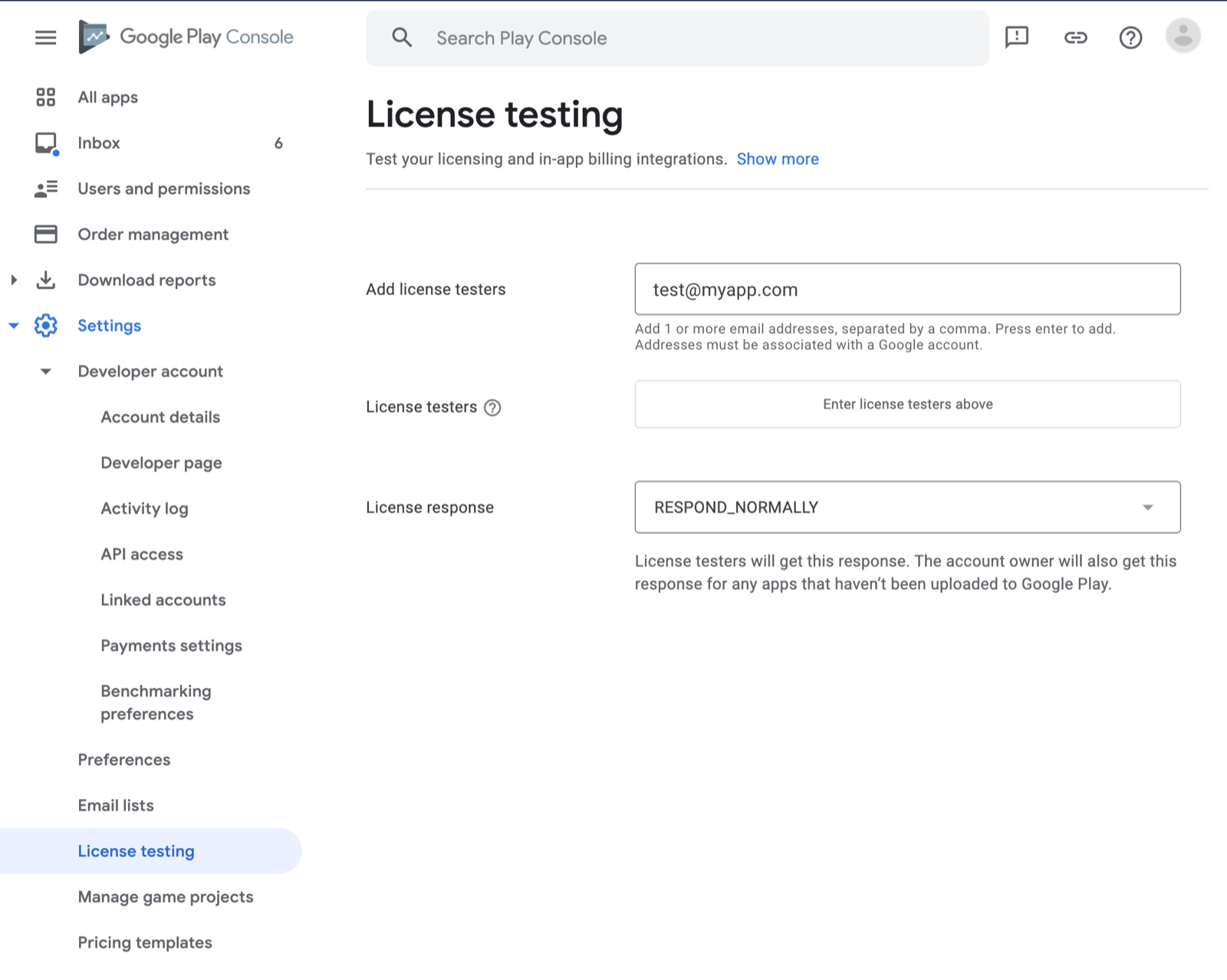 Play Console, the License testing page with its testers field