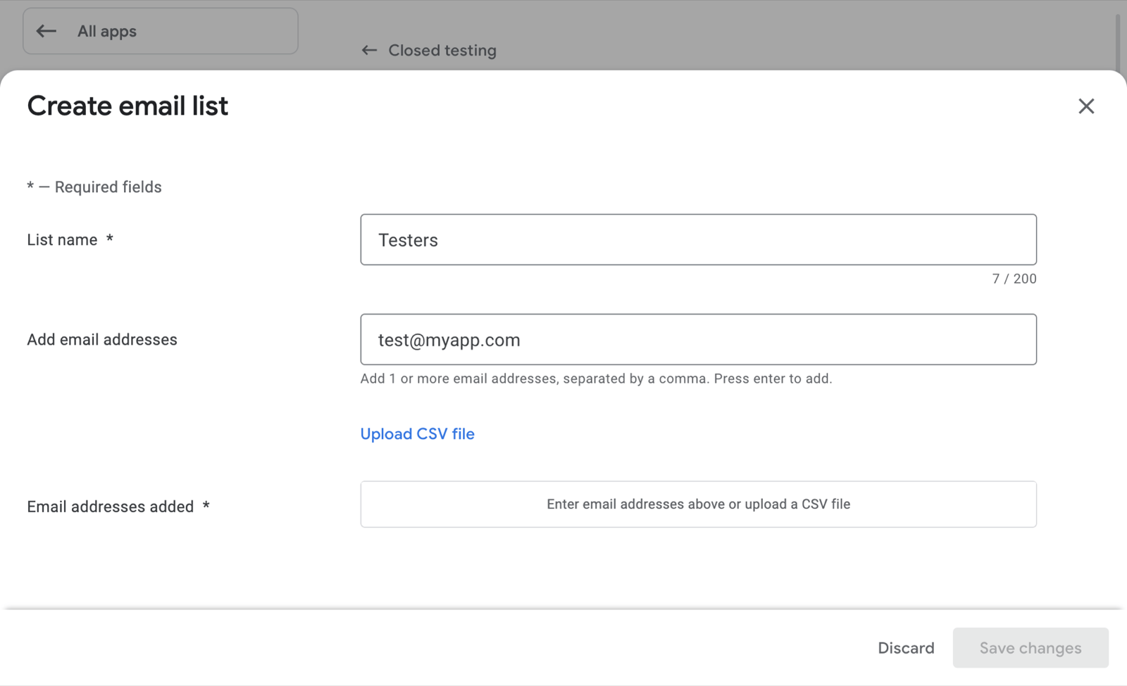 Play Console, creating a tester email list for a closed track