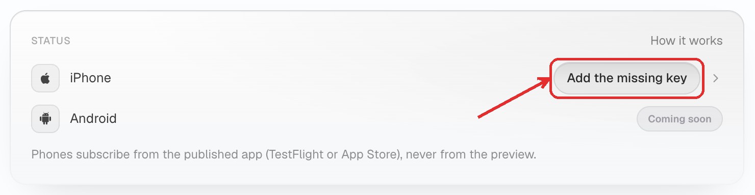 The Status block of the Notifications tab: the iPhone line and its Add the missing key button