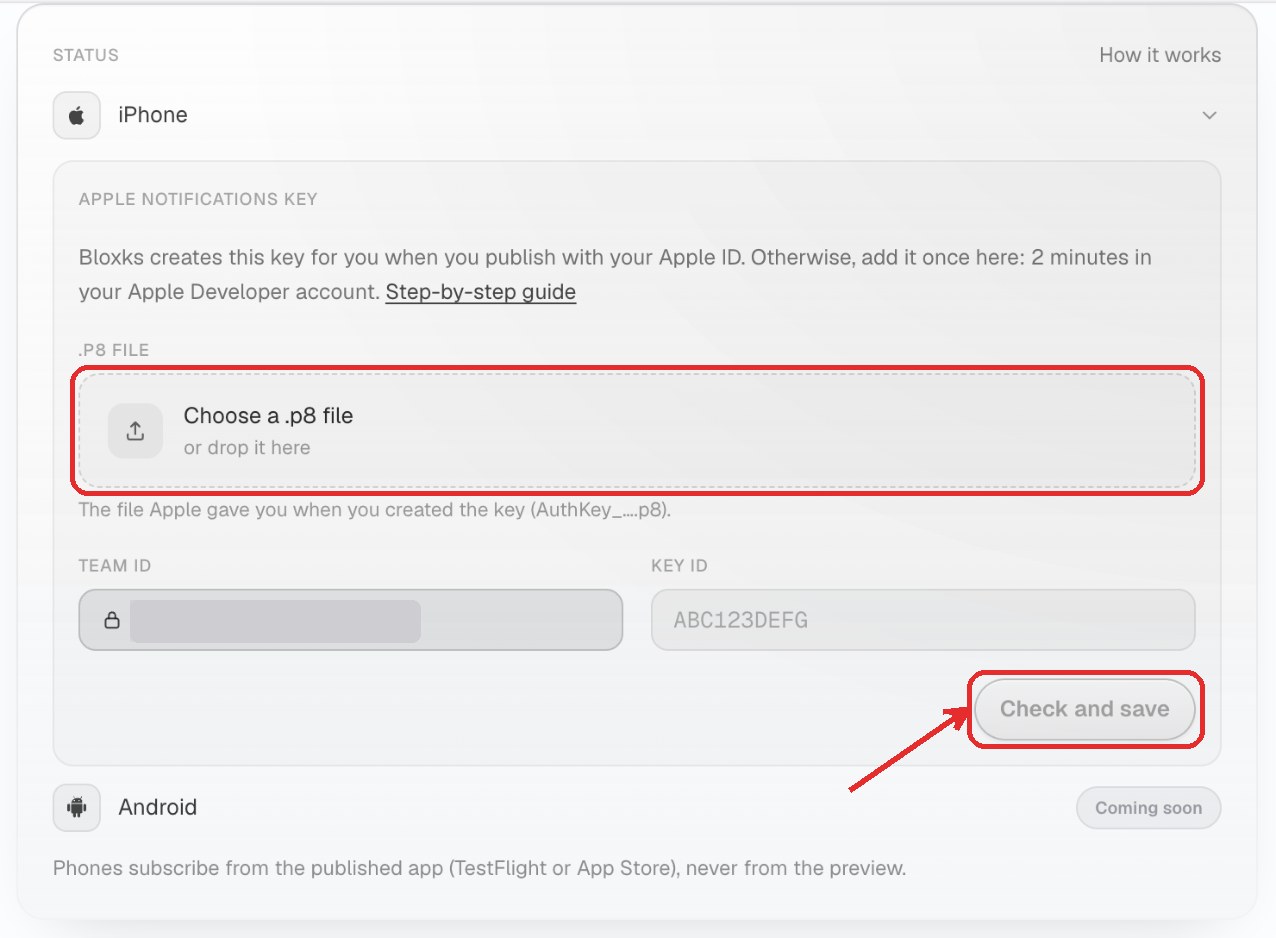The Apple key form: the .p8 file frame, the Team ID and Key ID fields, and the Check and save button