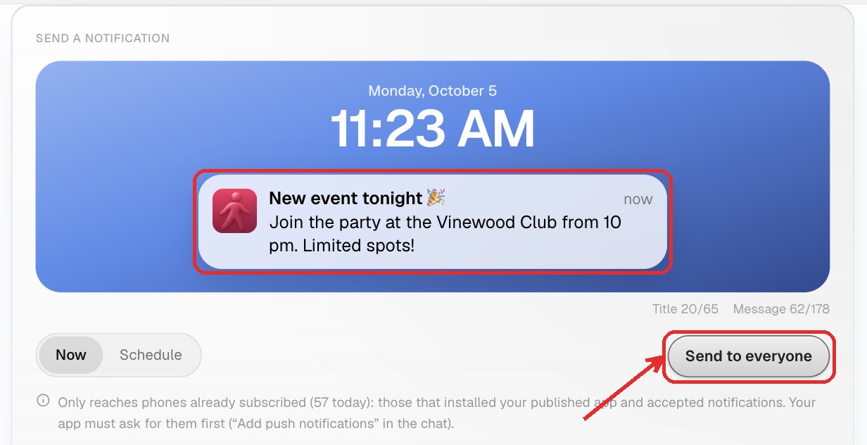 Send a notification: the title and message written in the notification preview, and the Send to everyone button