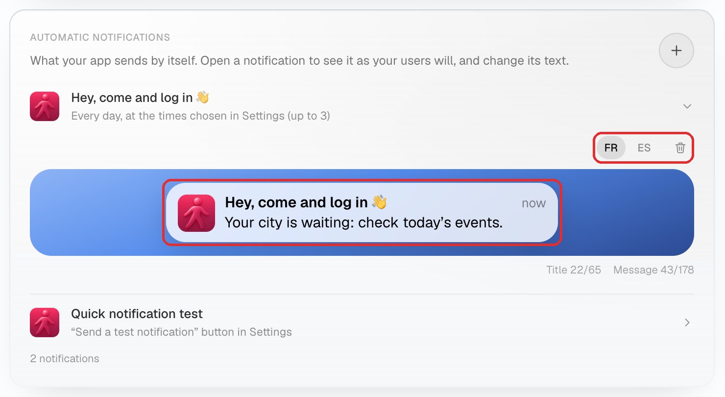 An open automatic notification: its text editable in the preview, the language buttons and the trash button