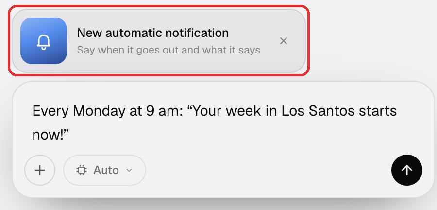The New automatic notification frame in the chat, above the message to send to the builder