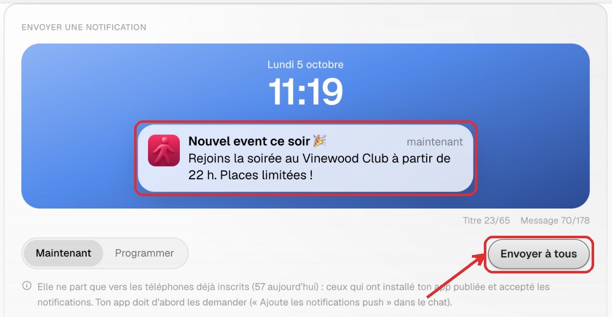 Envoyer une notification : le titre et le message écrits dans l’aperçu de la notification, et le bouton Envoyer à tous