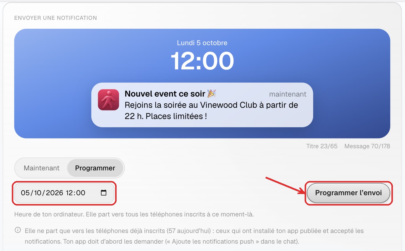 Programmer : choisis la date et l’heure, puis Programmer l’envoi