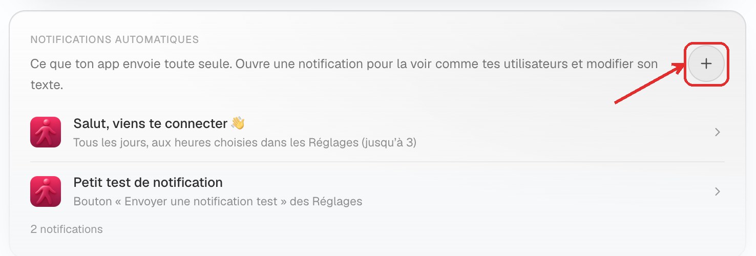 Le bloc Notifications automatiques : une ligne par notification, et le bouton +