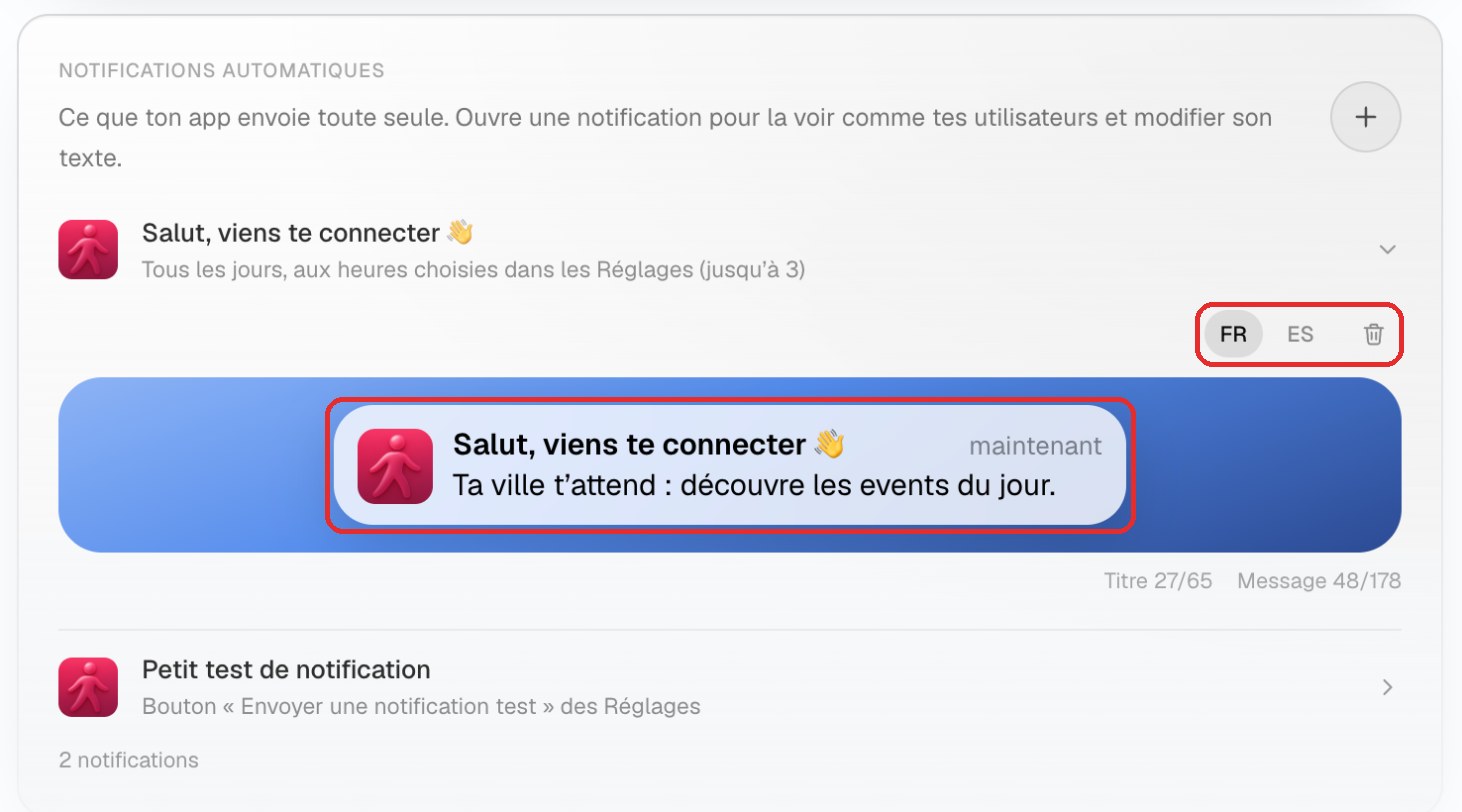 Une notification automatique ouverte : son texte modifiable dans l’aperçu, les boutons de langue et la corbeille
