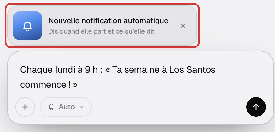 L’encadré Nouvelle notification automatique dans le chat, au-dessus du message à envoyer au builder