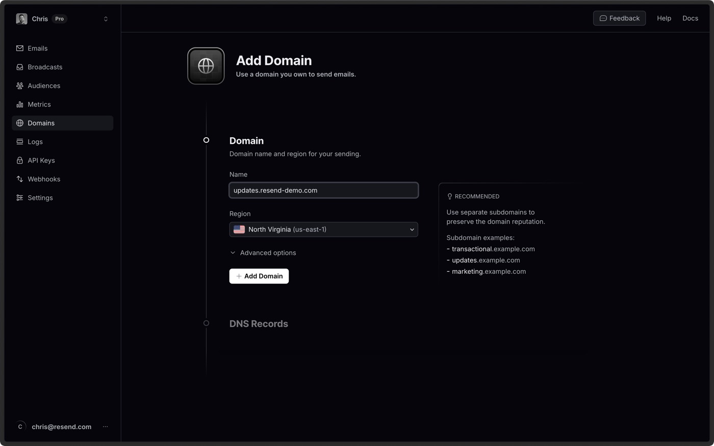 Resend’s Add Domain form, with the domain name to type