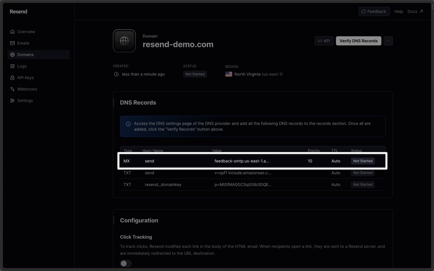 The domain page in Resend: the DNS lines to copy, with their type, name and value