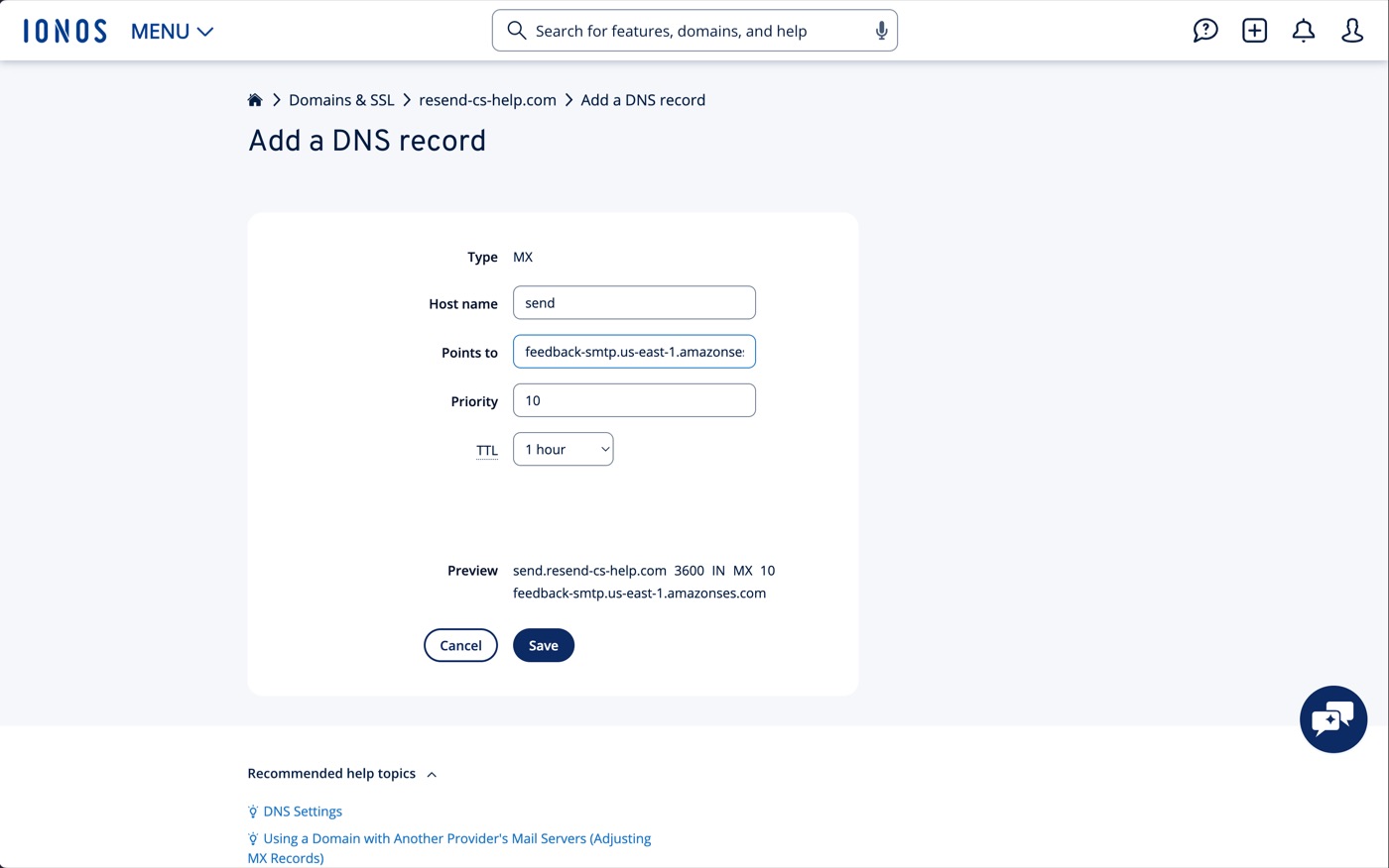 Example at IONOS: a Resend MX line copied into the domain’s DNS zone