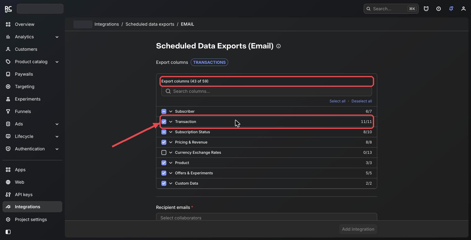 Export columns: the Transaction group fully ticked