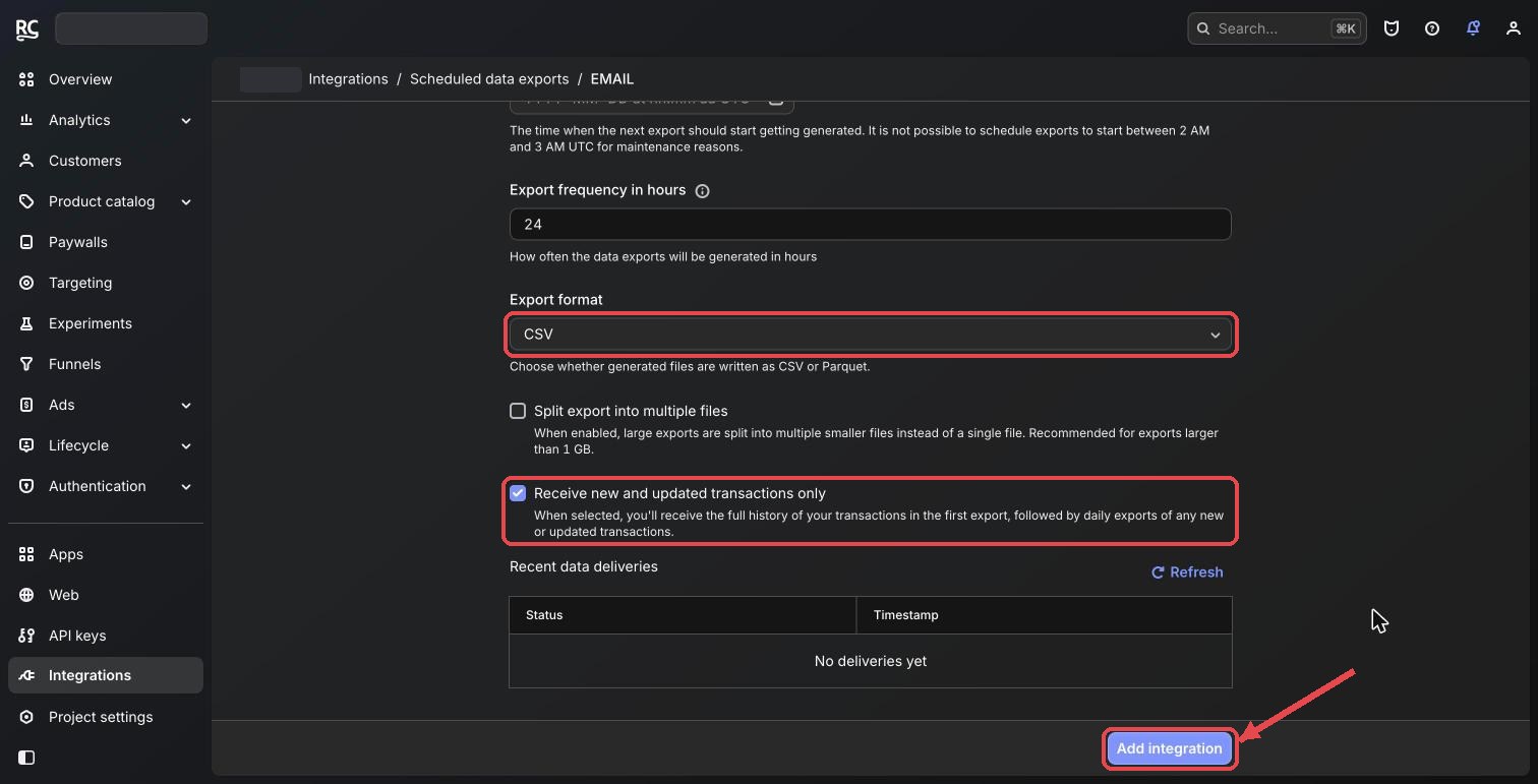 Export format CSV, the “new and updated transactions only” box and the Add integration button