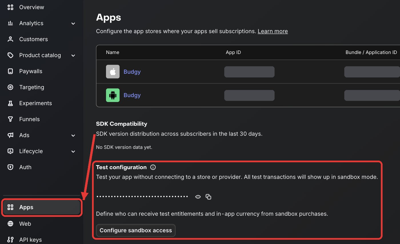 The Apps page in RevenueCat: the Apps menu and the Test configuration section