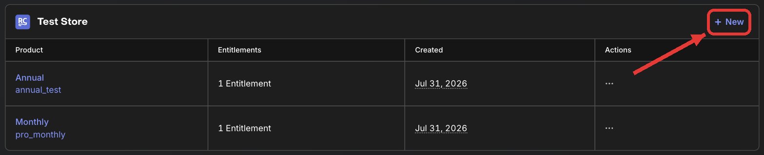 The Test Store block in RevenueCat’s product list, with the New button